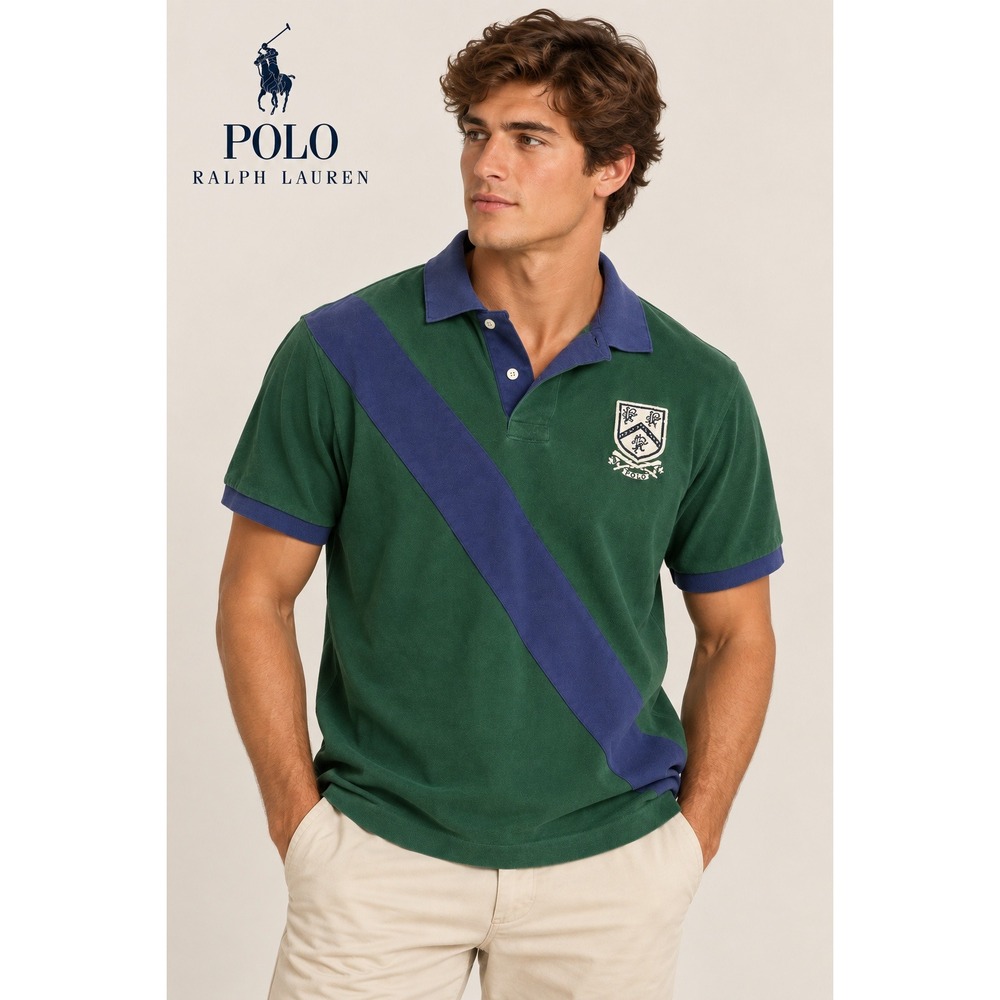Polo Ralph Lauren Mens 2XLT Green Navy Sash Crest Pique Polo Shirt Tall